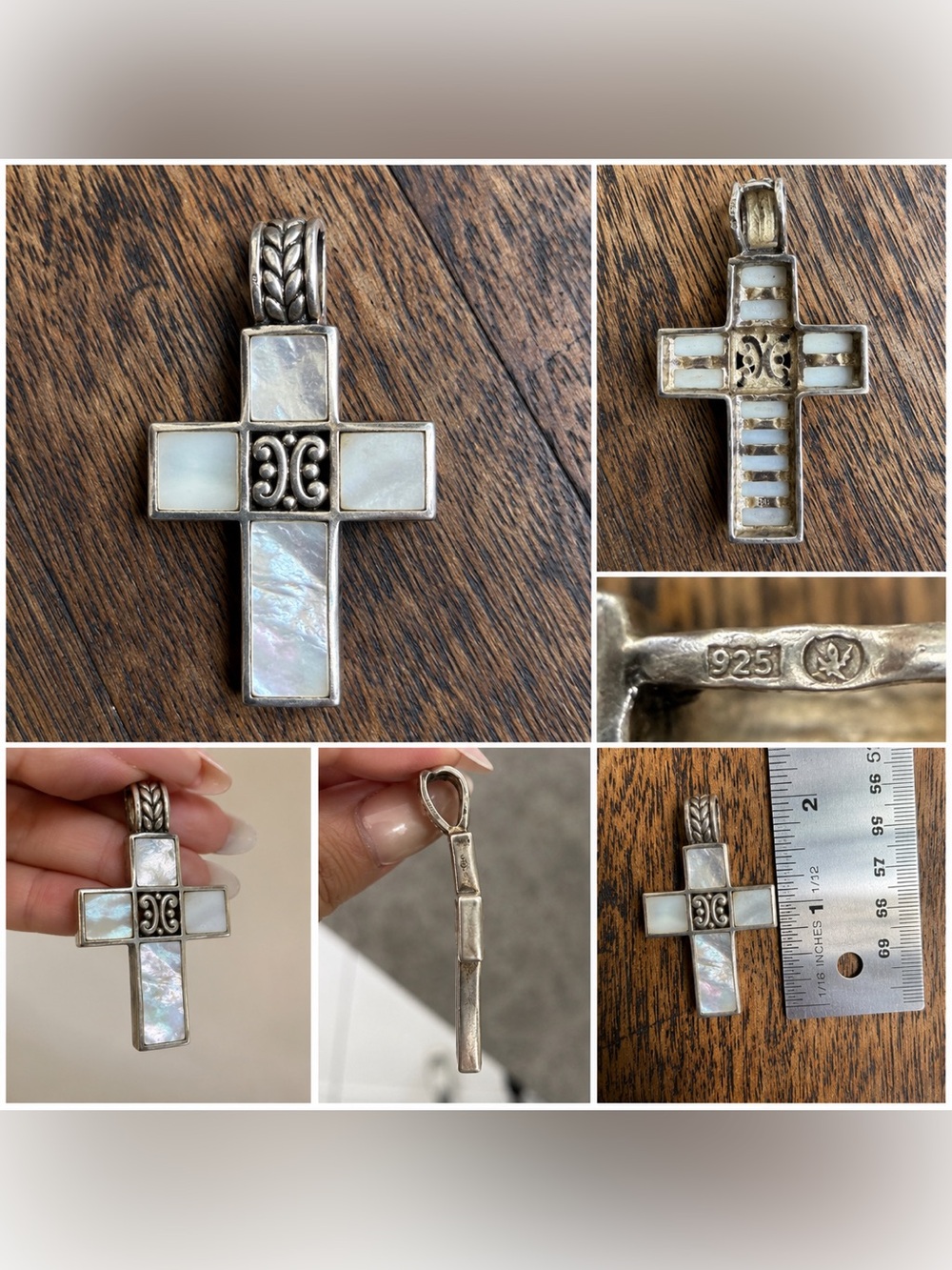 Vintage Sterling Silver 925 Mother of Pearl Cross Pendant Lg Artisan Religious